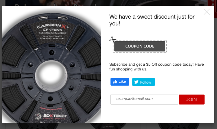 3DXTech website tempting users with a discount code if they sign up