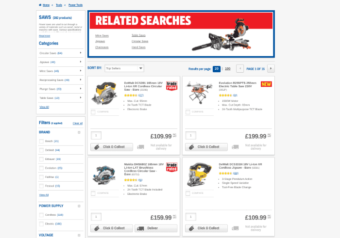 Screwfix website showing product searches