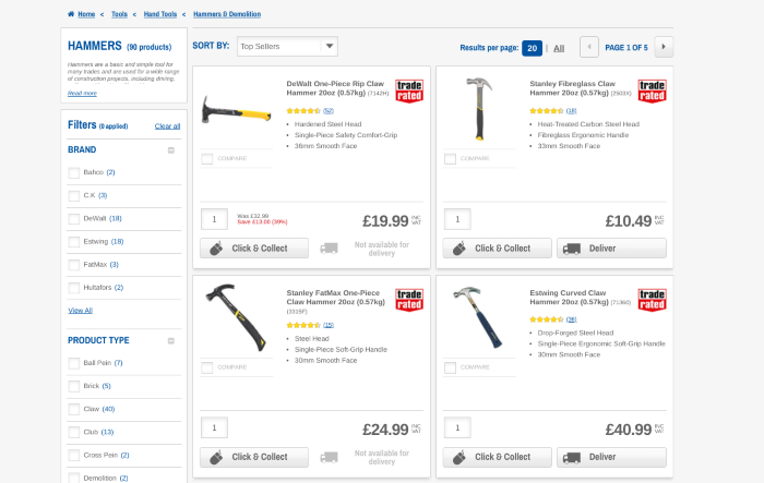 Product filters on the Screwfix site