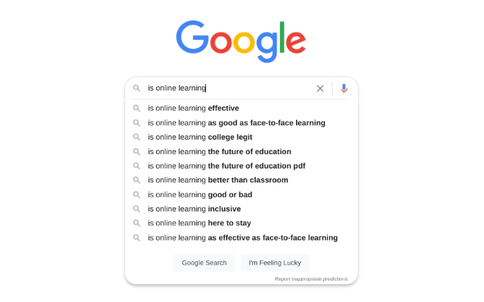 google search phrases that appear when you type in 'is online learning'