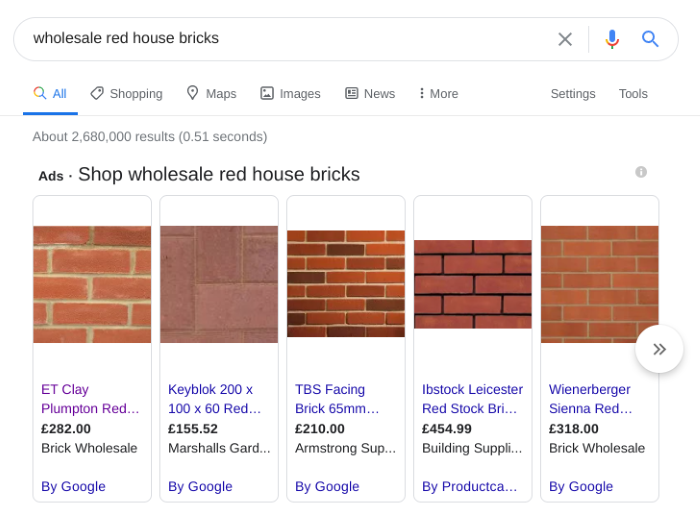 Example search engine results for red bricks
