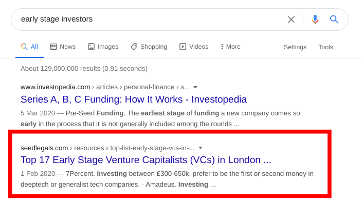Investment guest blogging example in Google search results