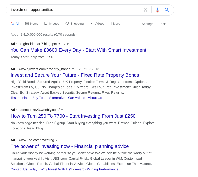 Search results for investment opportunities showing lots of ads