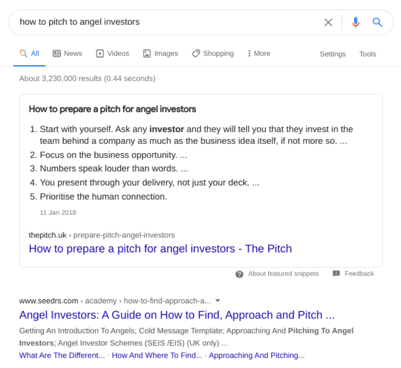 Featured snippet for 'how to pitch to angel investors'
