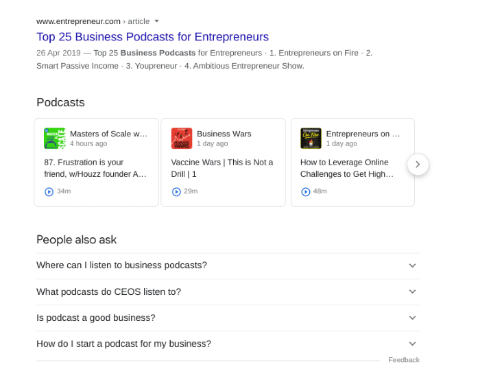 Google search results for business podcast