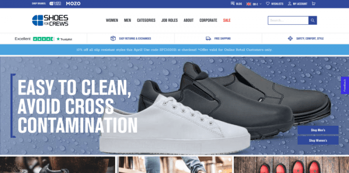 B2B eCommerce website Shoes For Crews homepage