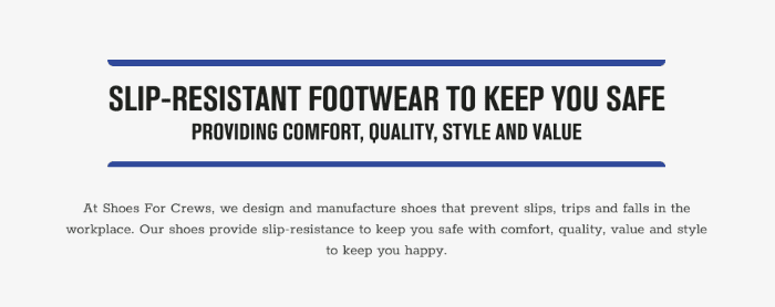 B2B eCommerce website Shoes For Crews website copy