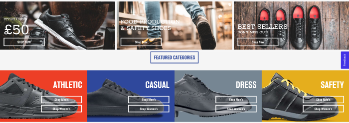B2B eCommerce website Shoes For Crews in-page navigation