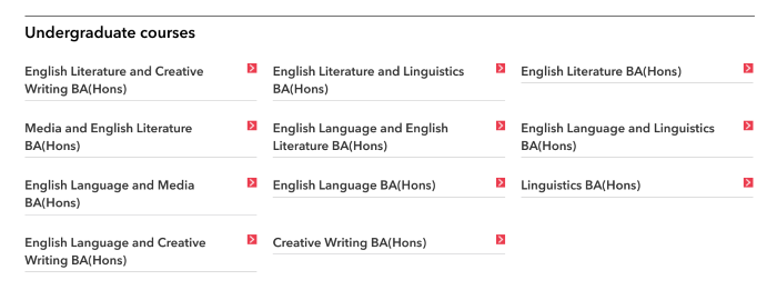 Course categories on Brighton University website
