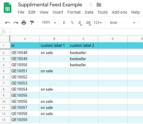 Example of a supplementary feed Google sheet