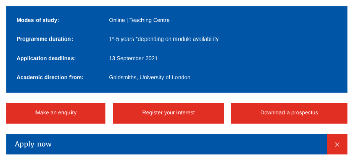 CTAs on the University of London website