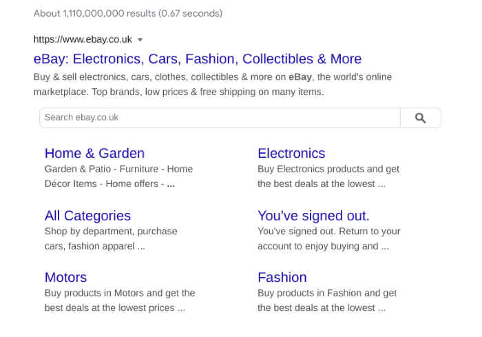 Example of Ebay's site links in the SEO listings