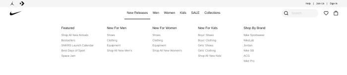Nike's ecommerce website structure navigation