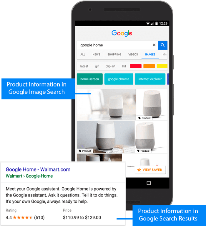 Example of Google showing rich information in the product listings for ecommerce sites selling Google Homes