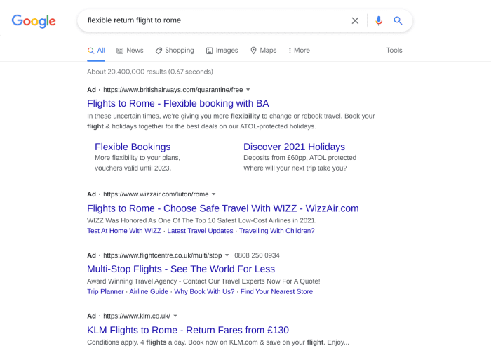 Search results and PPC ads showing for 'flights to rome'