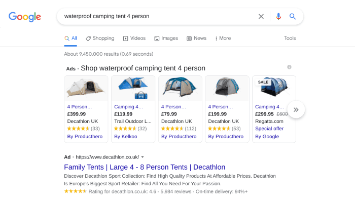 PPC ads showing for 'waterproof camping tent'