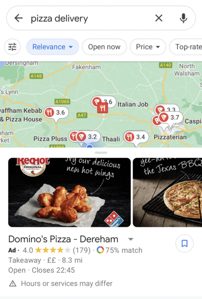 Restaurant PPC advert for pizza delivery in Google Maps