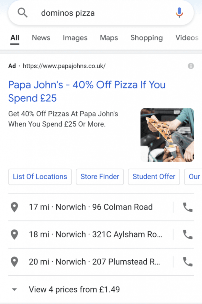 Restaurant PPC advert for Papa Johns targeting the keyword Domino's