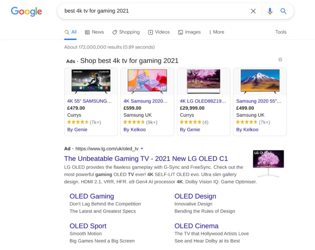 Search results showing PPC ads for best 4k tv for gaming 2021