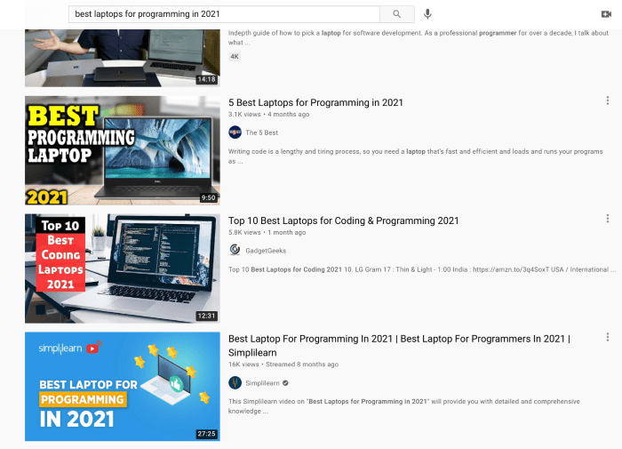 Search results on YouTube