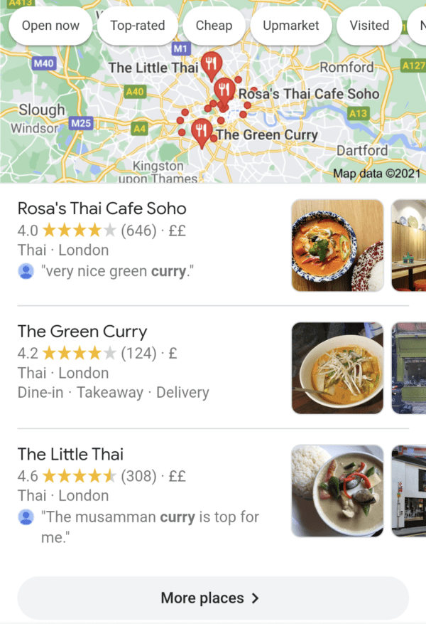 Search results on a mobile for thai curry showing Google Maps