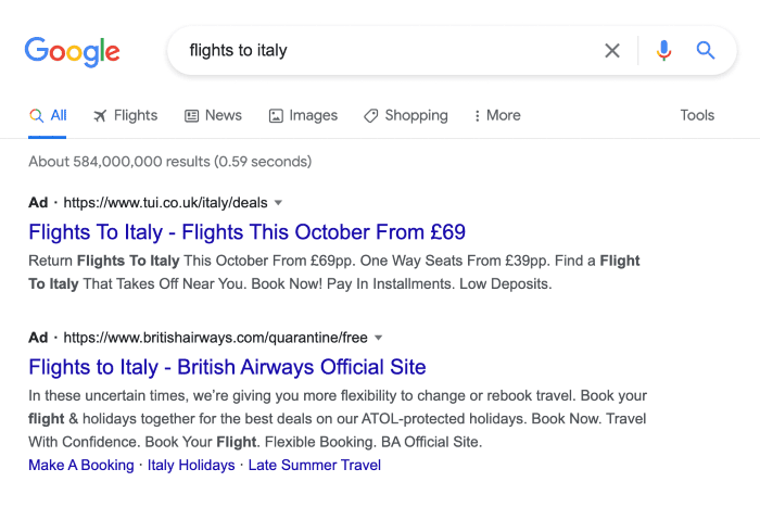 PPC results for travel companies targeting 'flights to Italy'