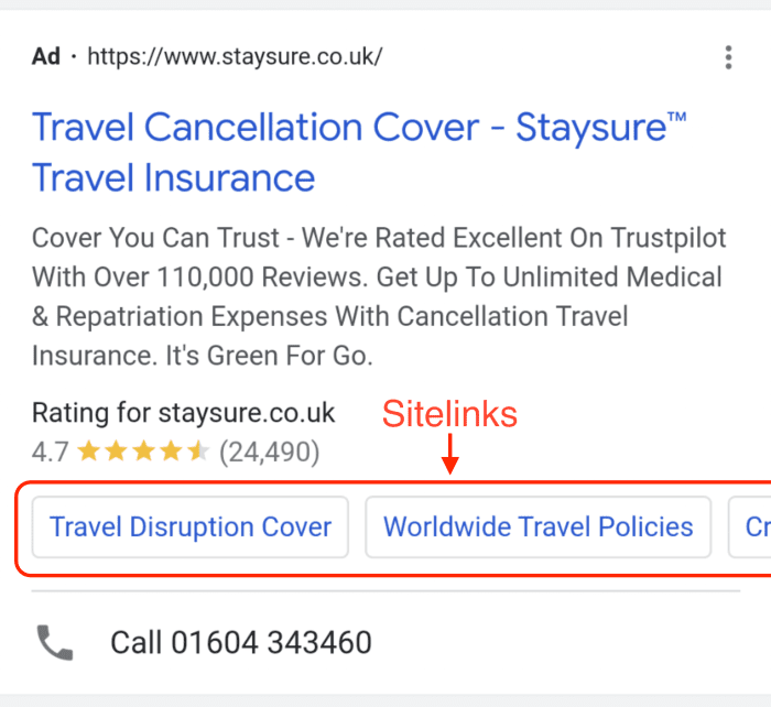 Travel company showing sitelinks in their PPC ad