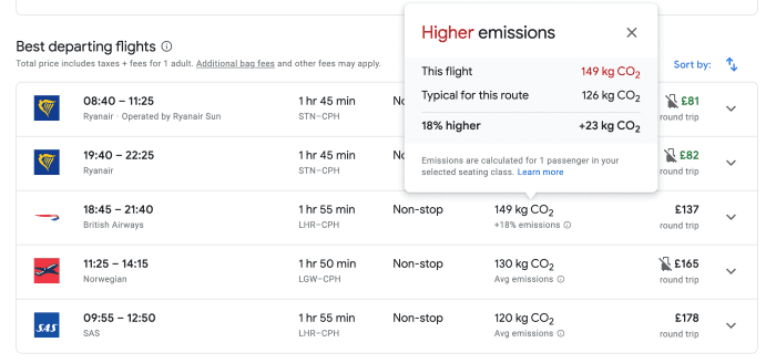 Google's flight planner showing emissions for each airline