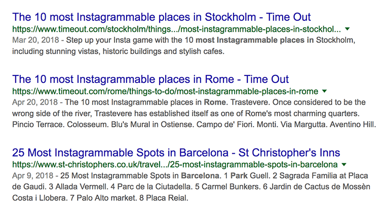 Search results for the '10 most Instagrammable places' 