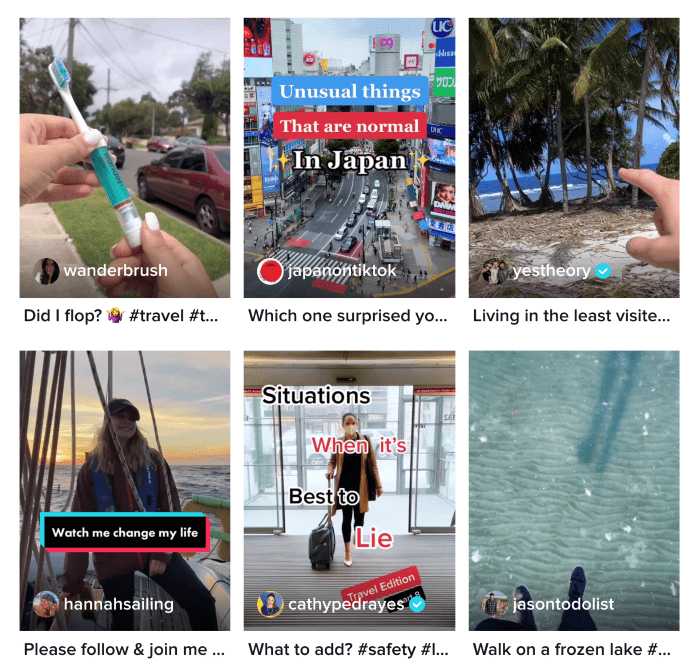 A snapshot of TikTok’s feed for the travel hashtag.