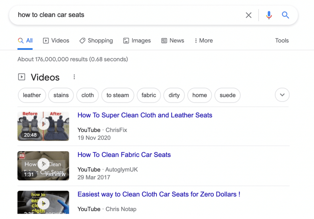 Video search results for how to clean car seats
