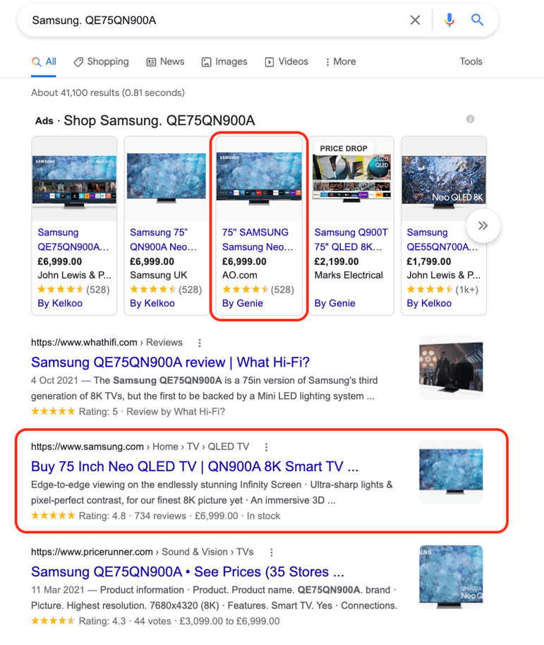 Search results for Samsung specific TV model showing PPC ads now appearing