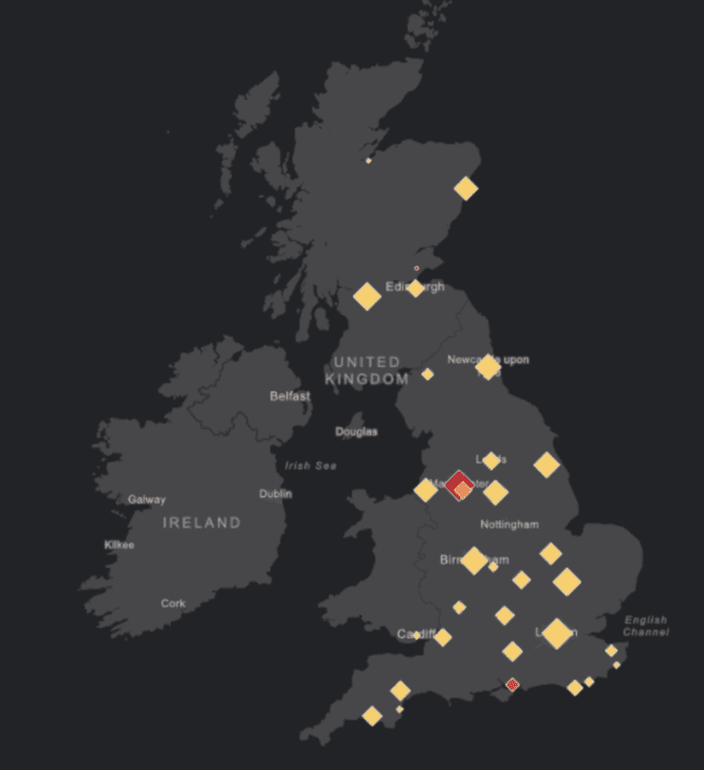 Map of the UK showing how PPC impressions revealed where to open new offices