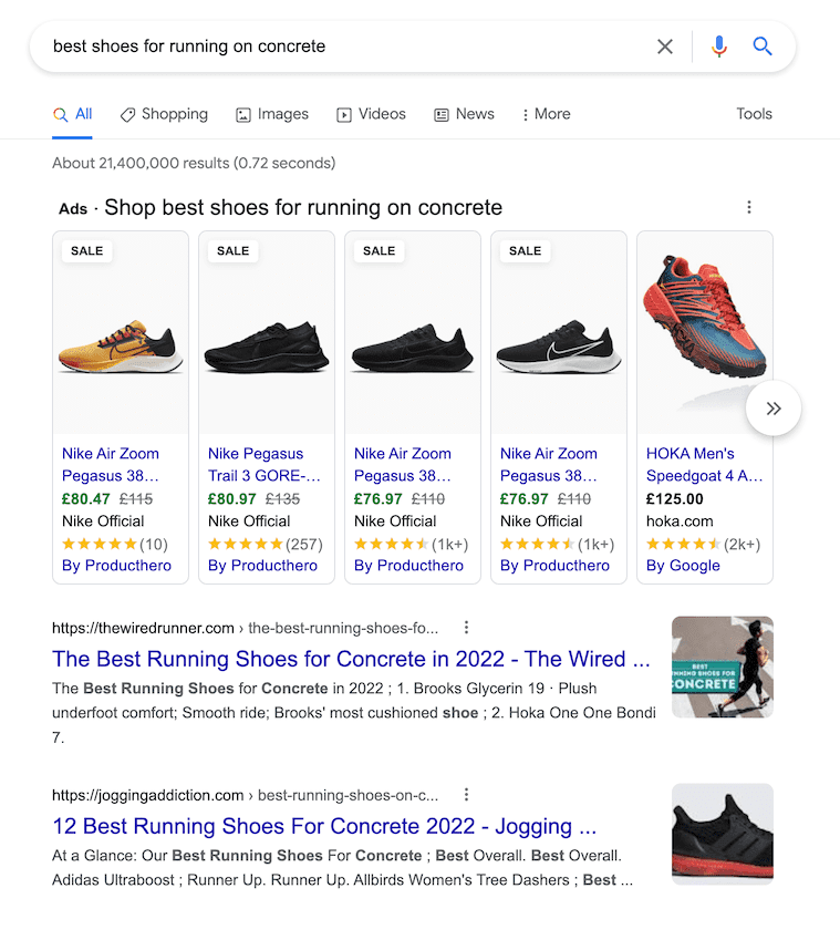 Google search results for best shoes for running on concrete