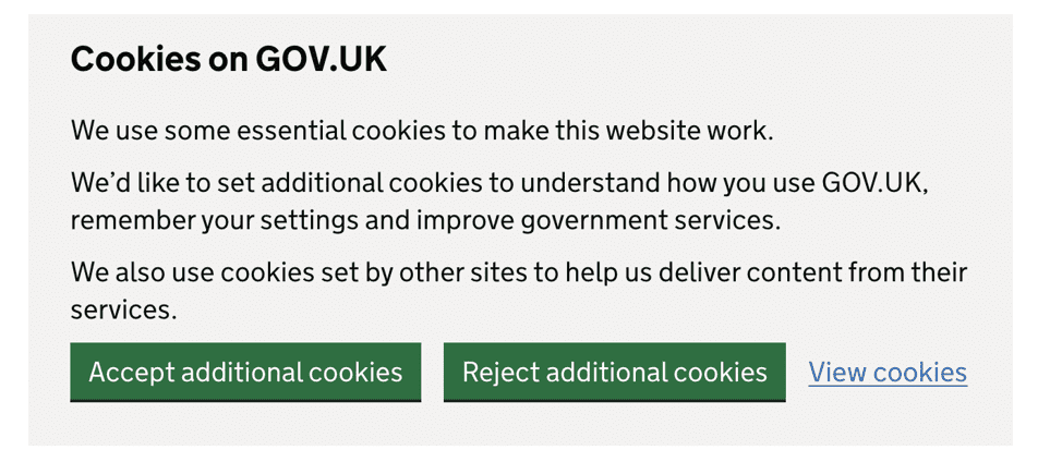Cookies notification on Gov.uk website