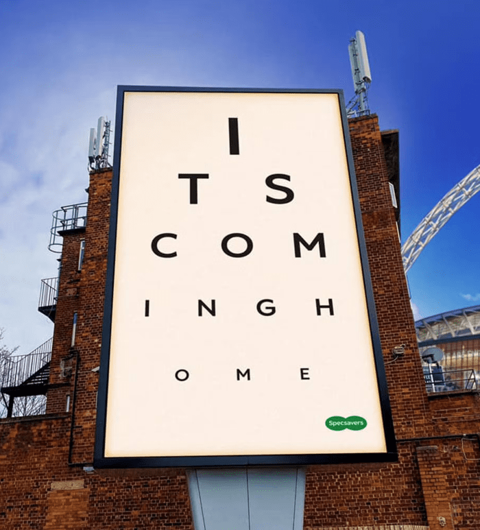 Specsavers' "It's Coming Home' content  marketing campaign billboard 