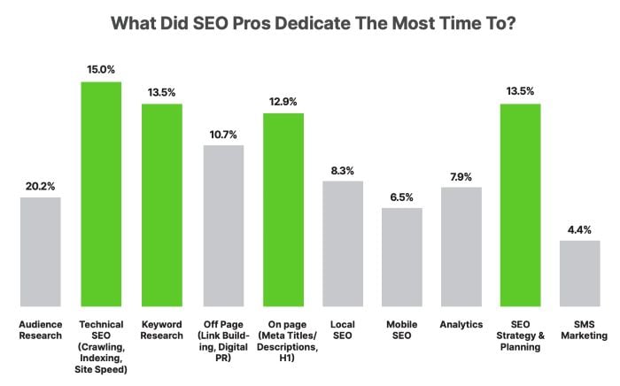 Bar chart showing what SEO pros dedicate the most time to