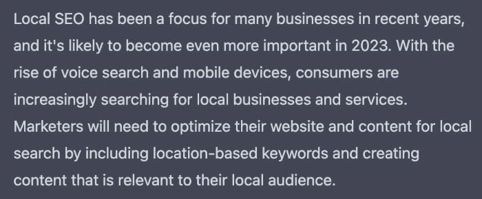 An example answer from ChatGPT about the importance of local search