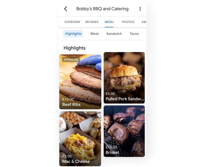 Example of showing food pictures in Google Business Profile