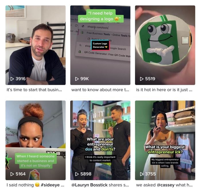 An example of the different posts Shopify publishes on TikTok
