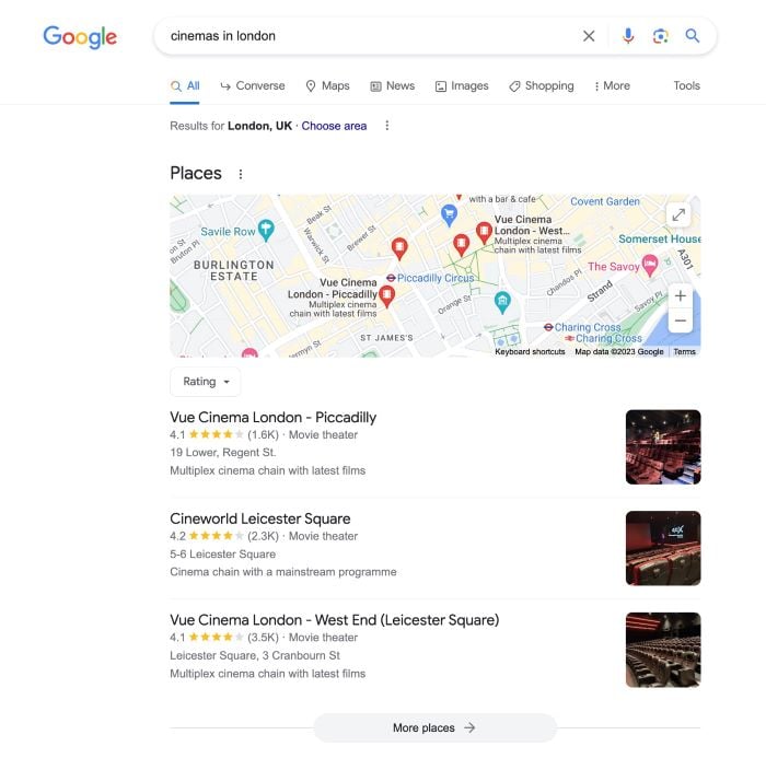 Google maps search for 'cinemas in London'