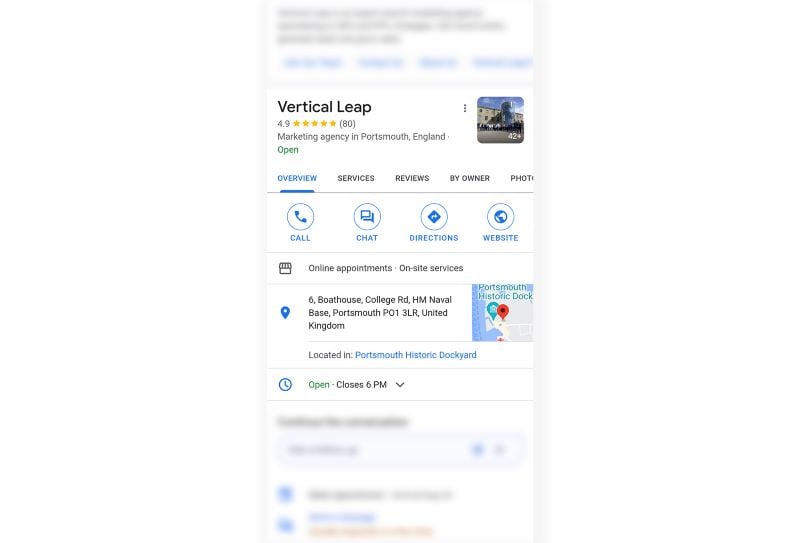 Profil Google Business de Vertical Leap