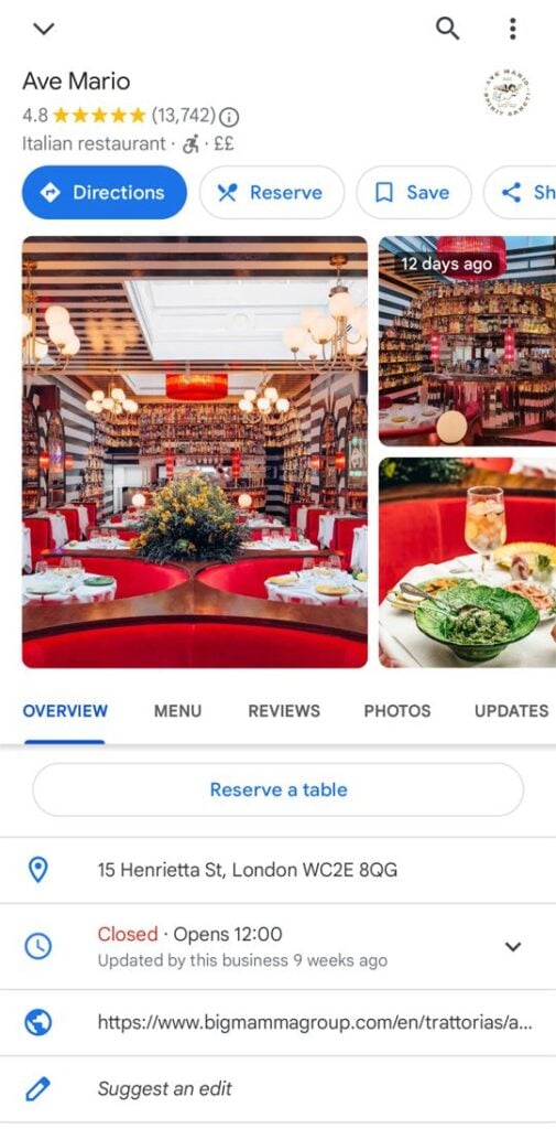 Ave Mario restaurant Google Business Profile