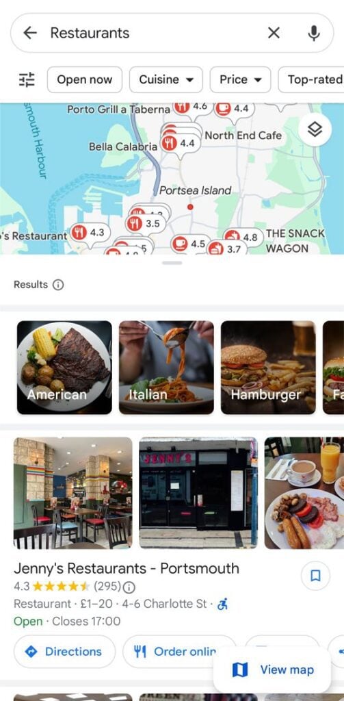 Google local SEO results for 'restaurants' showing the local map