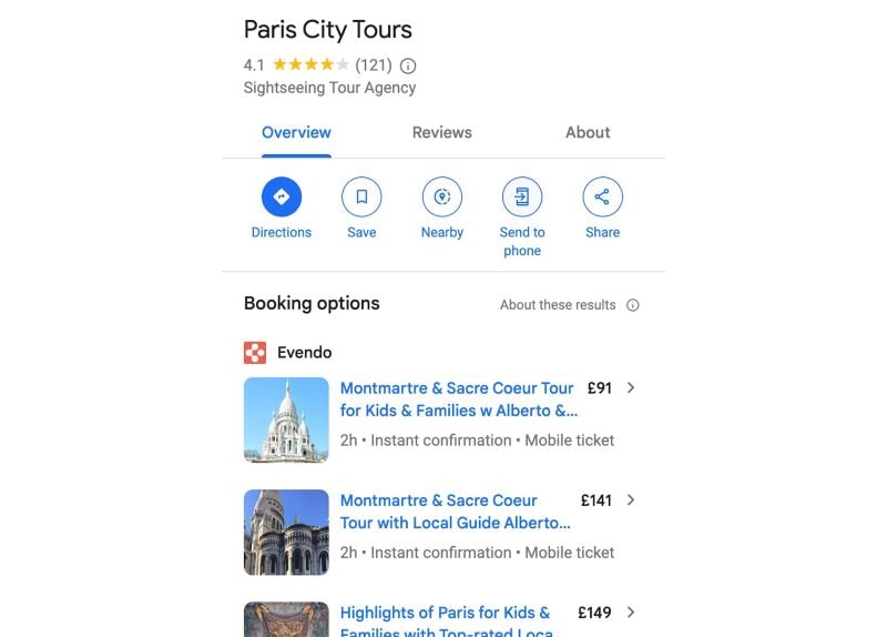 Google local search profile for Paris City Tours